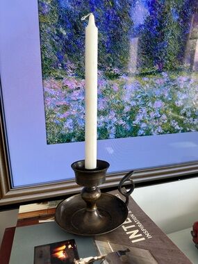 Antique-Style Brass Taper Candle Holder with White Candle